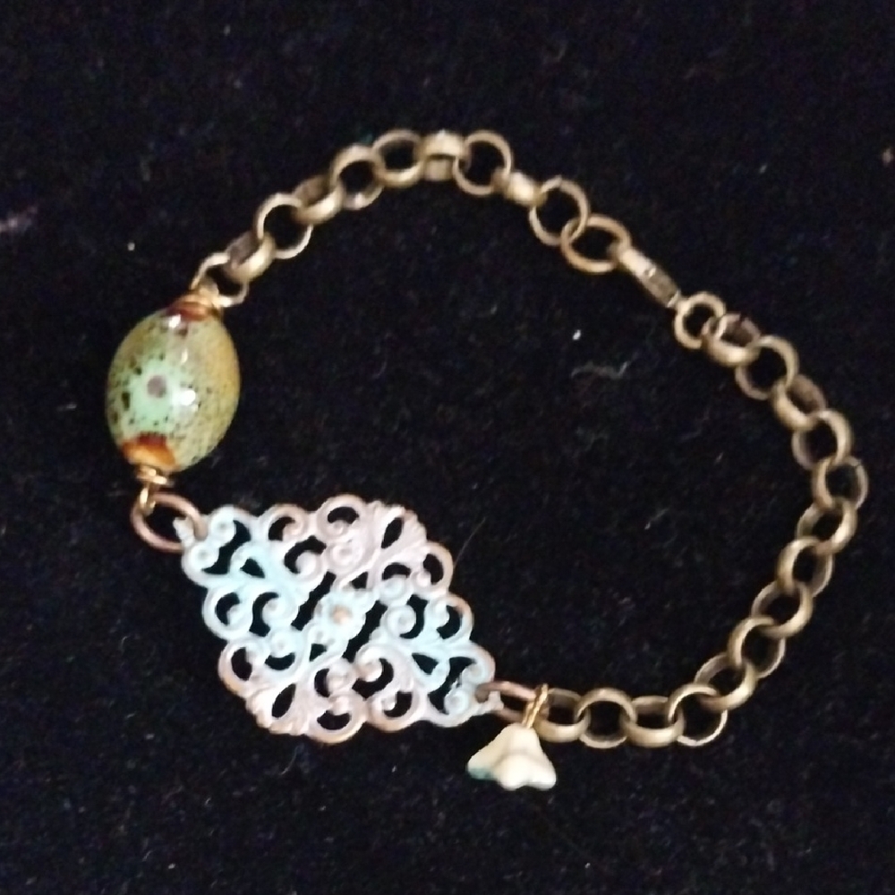 Gold and Green Filigree Bracelet with Charm